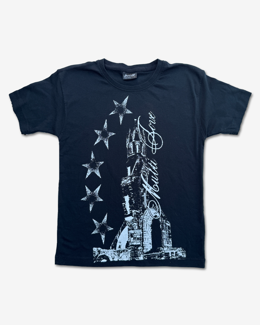 Vintage black t-shirt with white graphic design on a white background