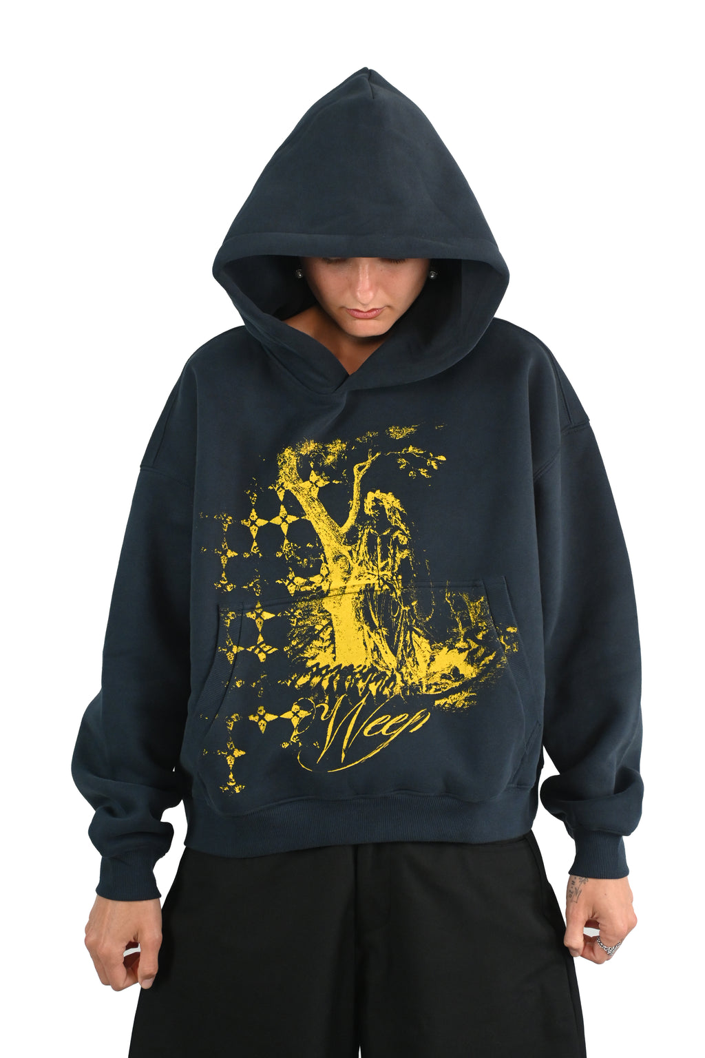 'WEEP' fleece hoodie navy