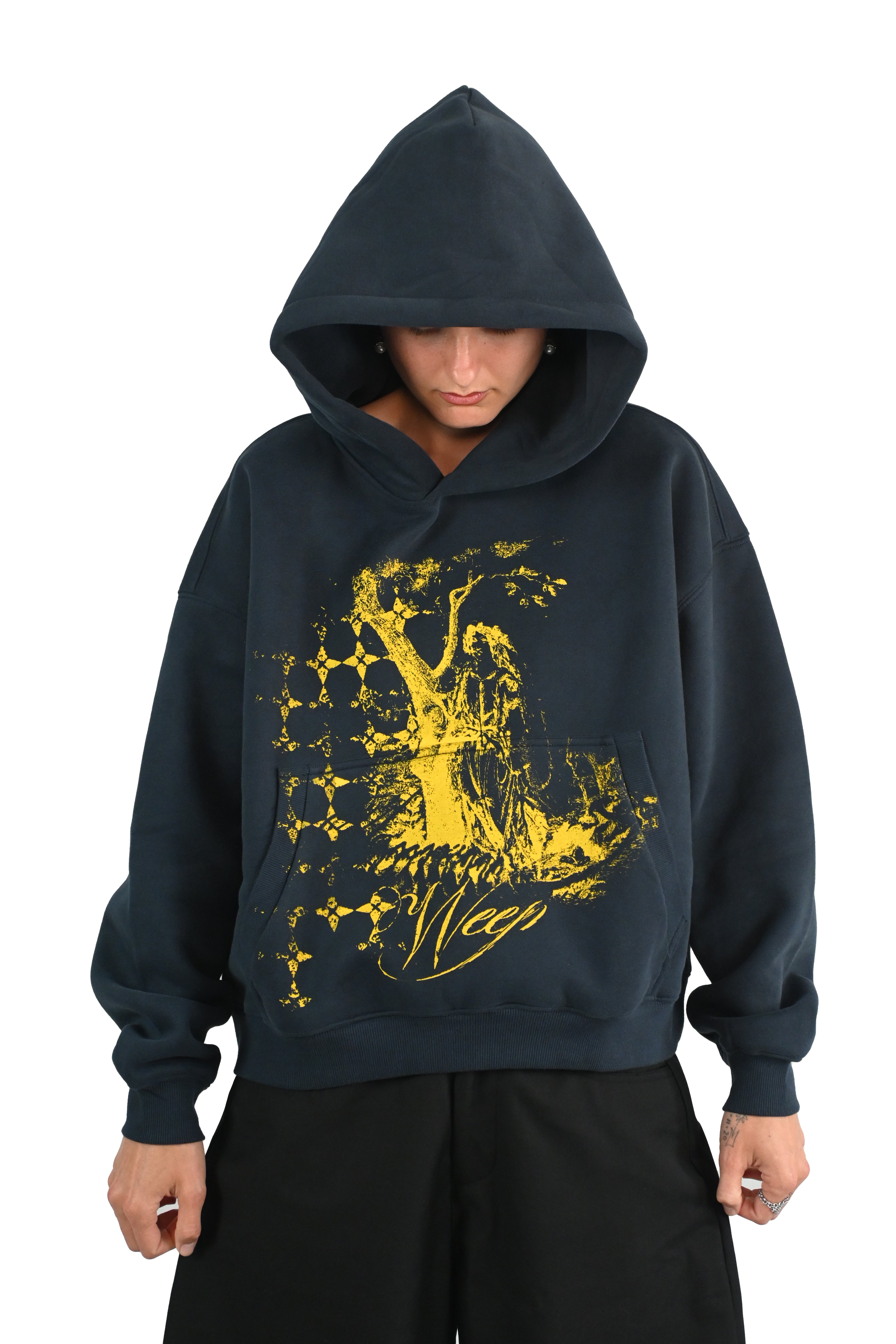 'WEEP' fleece hoodie navy