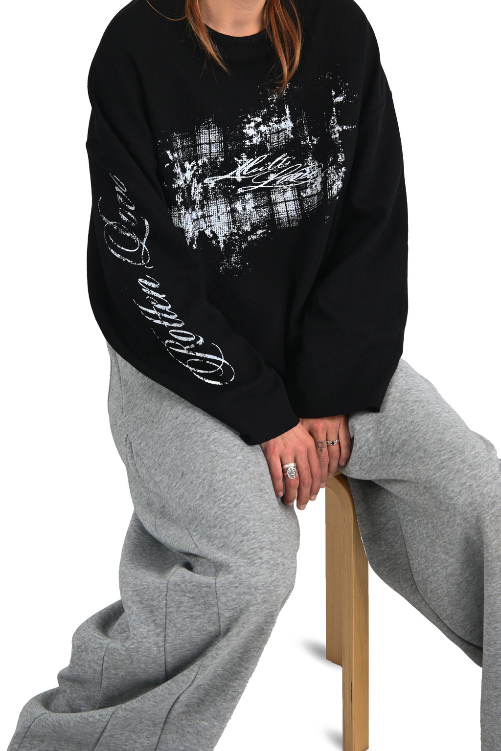 'ROUGH LOVE' waffle long sleeve black