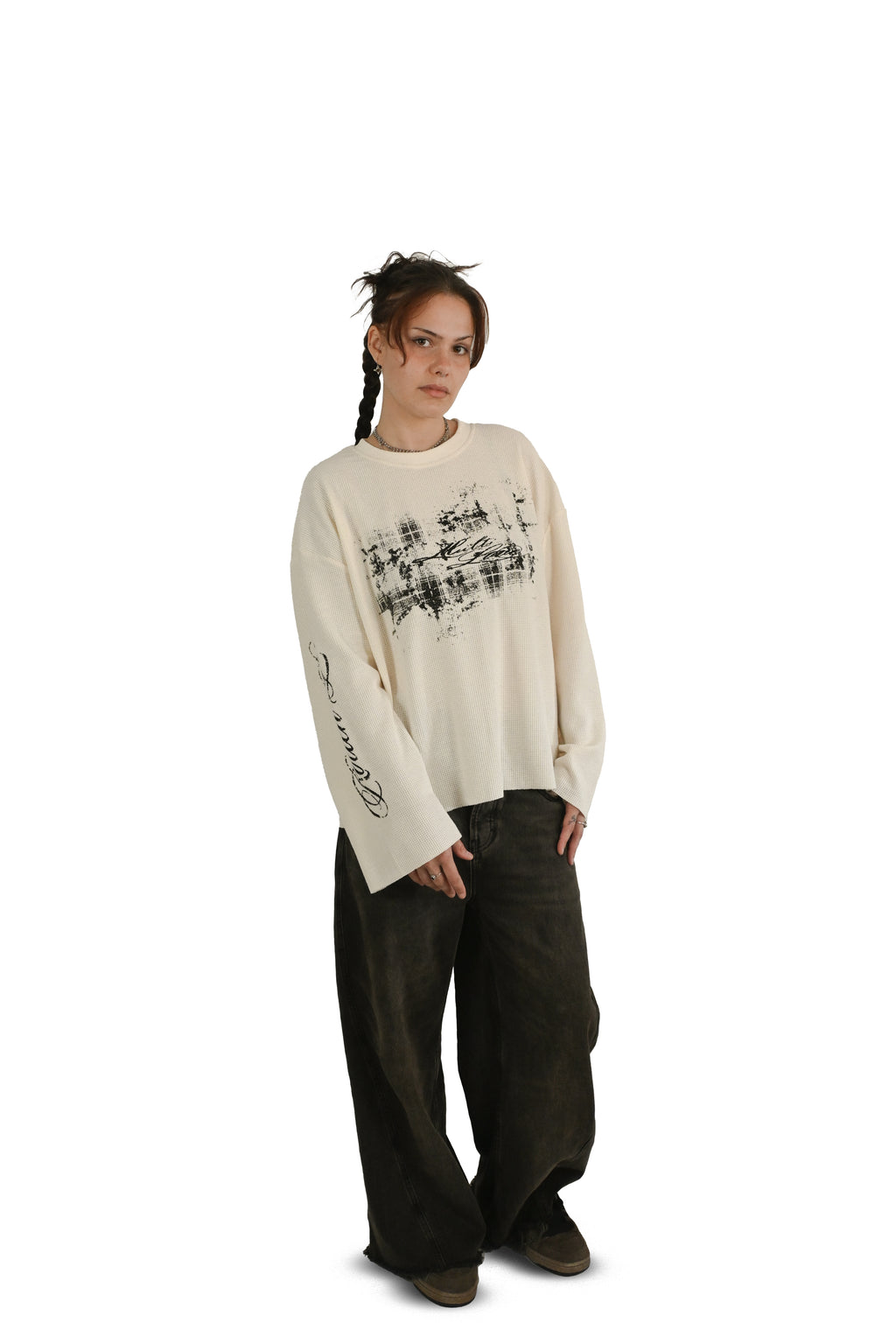 'ROUGH LOVE' waffle long sleeve cream